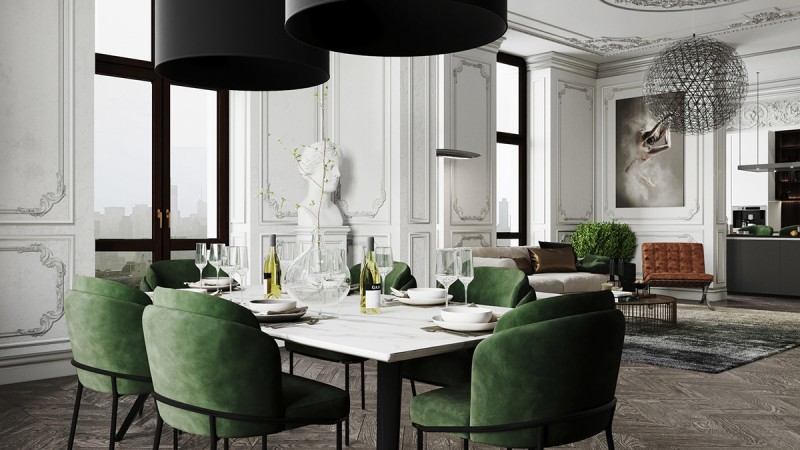 Контрастное сочетание лепнины на стенах с ультрасовременной мебелью и аксессуарами Контрастное сочетание лепнины на стенах с ультрасовременной мебелью и аксессуарами