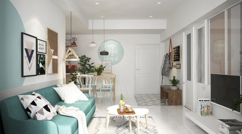 Прохладные оттенки бирюзы в интерьере уютных апартаментов