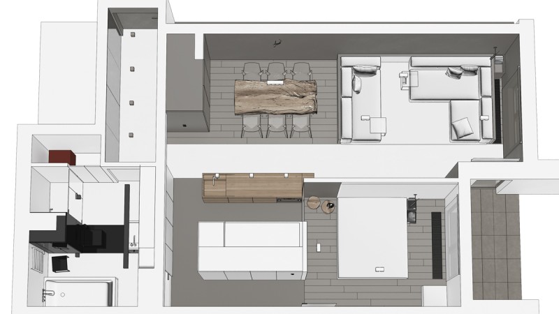 Комбинация белого с серым и акцентная мебель в дизайне квартиры
