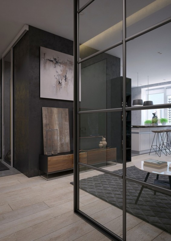 Открытая планировка апартаментов с внутренними стеклянными стенами