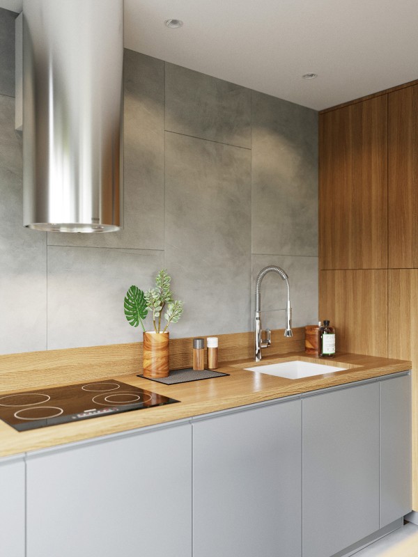 Акцент на зеленый и глубокий синий в интерьере квартиры, оформленной в спокойных серых тонах