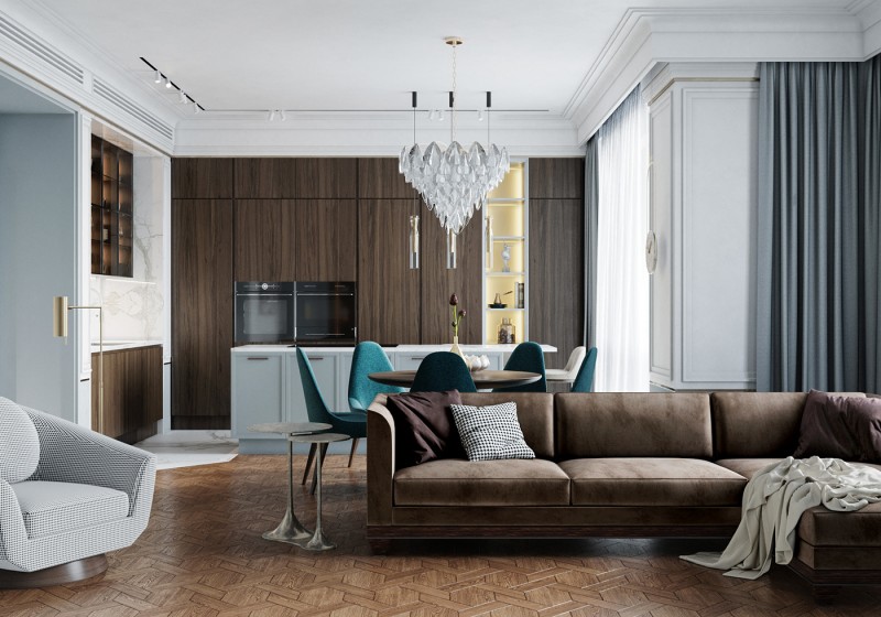 Интерьер в спокойнх тонах с яркими акцентами