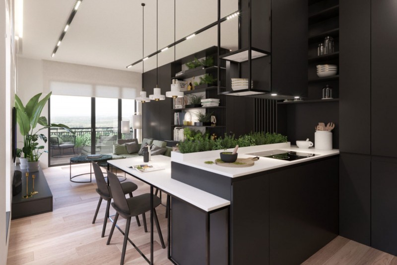 Контрастное черно-белое пространство и умиротворяющая зелень