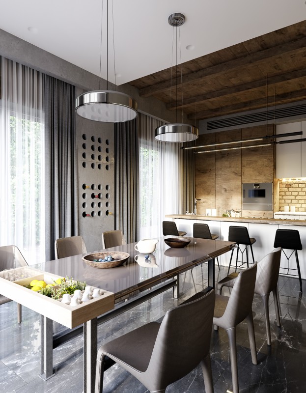 Удачное сочетание мрамора, камня и дерева