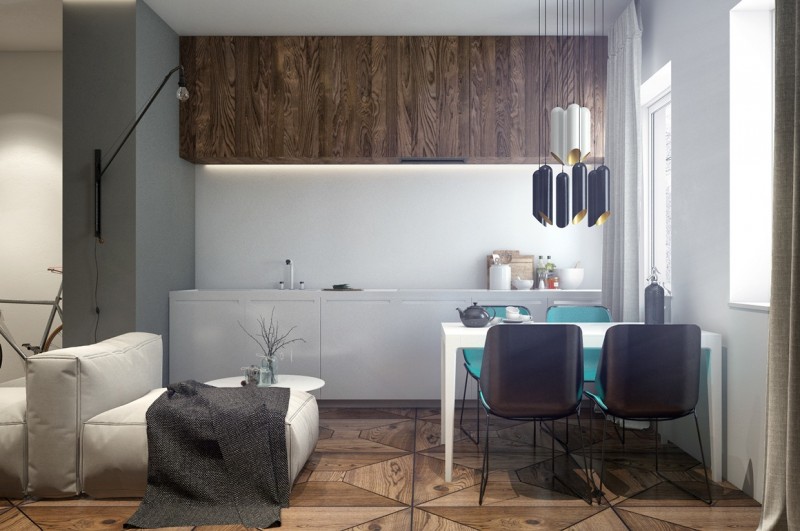 Сочетание разных фактур: декоративный бетон и дерево