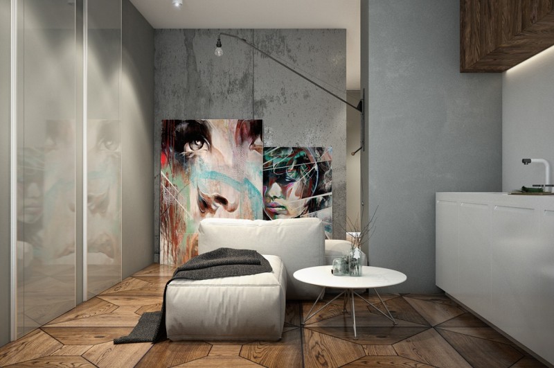 Сочетание разных фактур: декоративный бетон и дерево