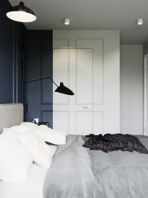 Акцент на зеленый и глубокий синий в интерьере квартиры, оформленной в спокойных серых тонах