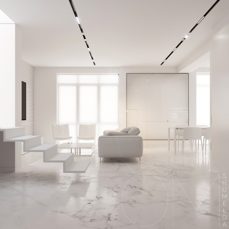 Белоснежный интерьер просторных двухуровневых апартаментов