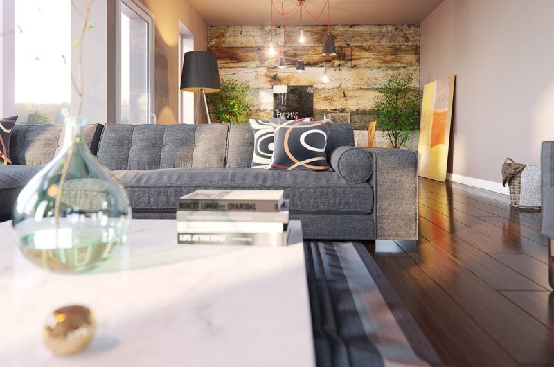 Оформление гостиной в прохладных серых тонах с акцентом на красный