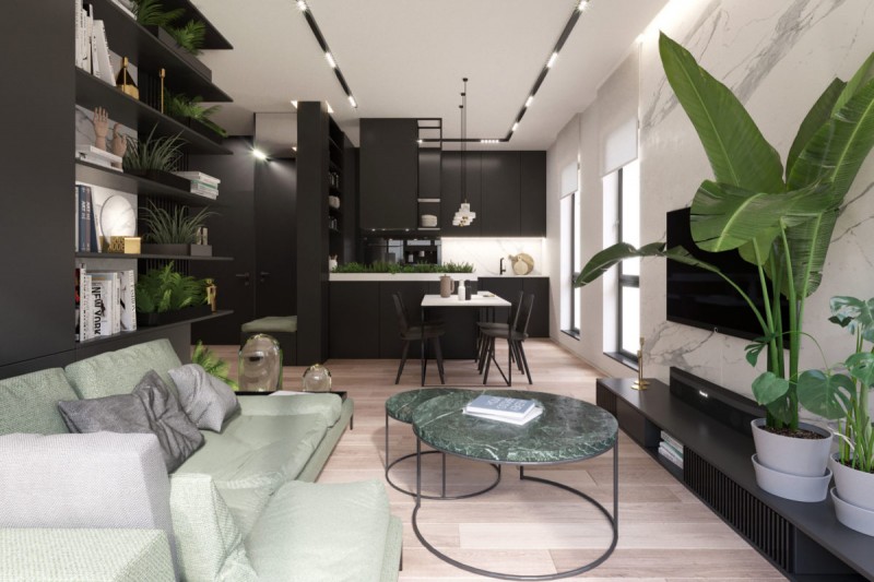 Контрастное черно-белое пространство и умиротворяющая зелень