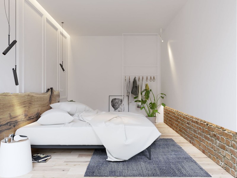 Белые стены и обнаженный кирпич в интерьере минималистичной квартиры