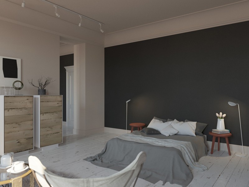 Интерьер просторной светлой квартиры с яркими акцентами