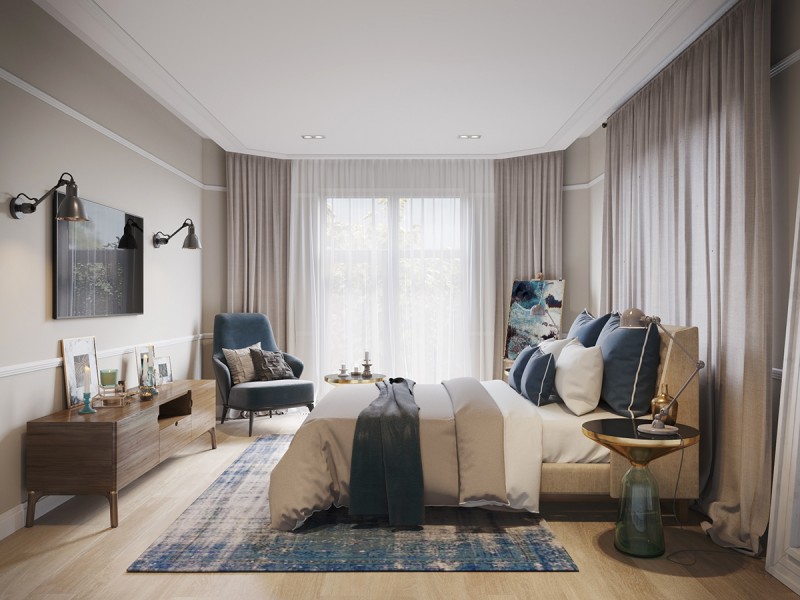 Современный интерьер коттеджа с элементами неоклассики в нейтральных светлых тонах Современный интерьер коттеджа с элементами неоклассики в нейтральных светлых тонах