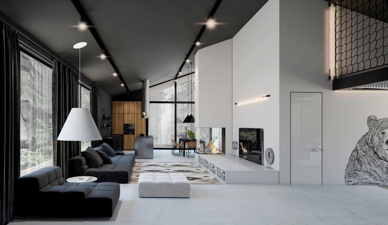 Черно-белый интерьер стильного загородного дома