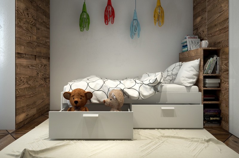 Сочетание разных фактур: декоративный бетон и дерево