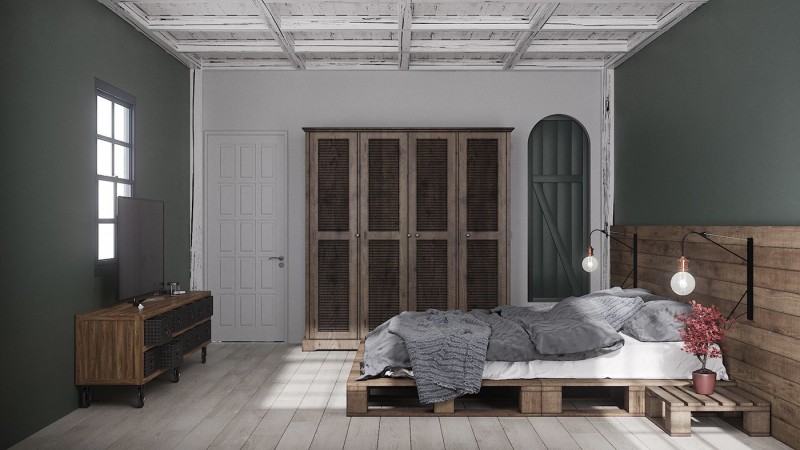 Интерьер спальни в индустриальном стиле