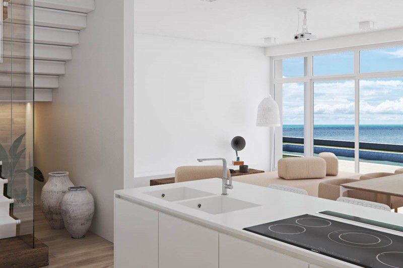 Сочетание белого, серого и кремово-бежевого цветов в интерьере двухуровневой квартиры Сочетание белого, серого и кремово-бежевого цветов в интерьере двухуровневой квартиры