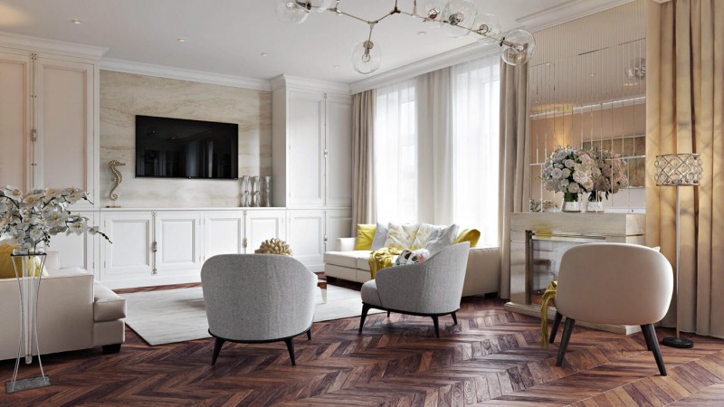 Сочетание мягкого бежевого и яркого солнечно-желтого цветов в интерьере