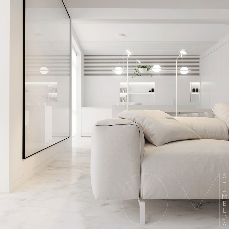 Белоснежный интерьер просторных двухуровневых апартаментов