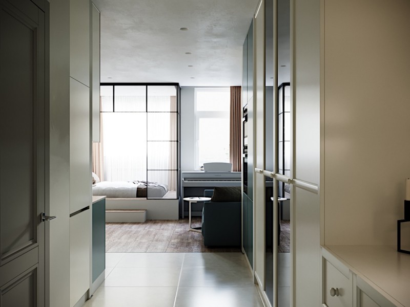 Интерьер компактной квартиры в серо-голубых тонах