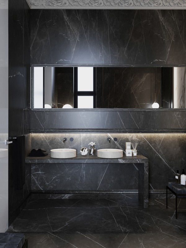 Контрастное сочетание лепнины на стенах с ультрасовременной мебелью и аксессуарами Контрастное сочетание лепнины на стенах с ультрасовременной мебелью и аксессуарами