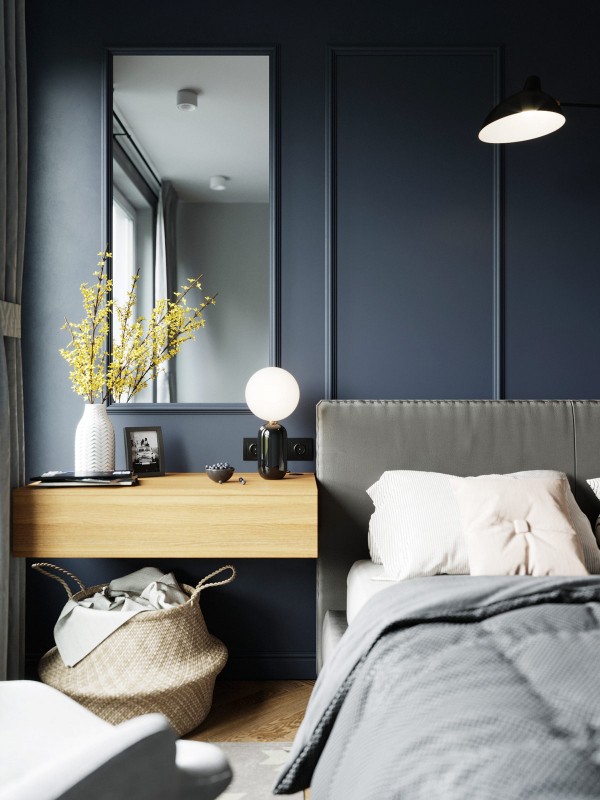 Акцент на зеленый и глубокий синий в интерьере квартиры, оформленной в спокойных серых тонах