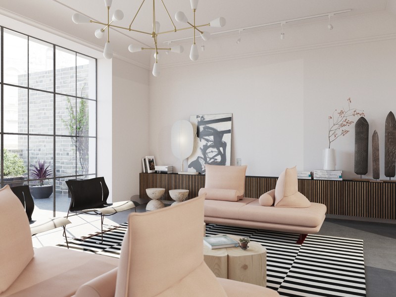 Интерьер просторной светлой квартиры с яркими акцентами