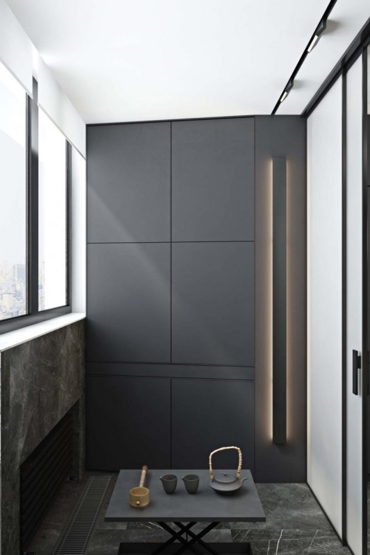 Использование черного, белого и цвета дерева в интерьере просторных минималистских апартаментов