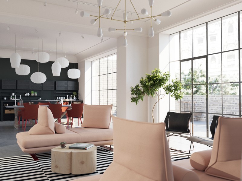 Интерьер просторной светлой квартиры с яркими акцентами