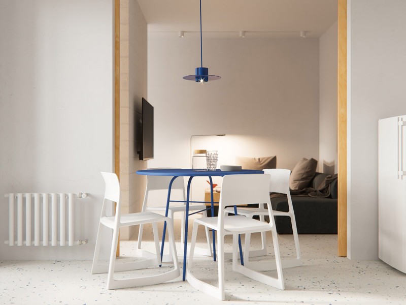 Красный, белый и синий цвета создают эффектную комбинацию в квартире площадью 36 кв. м.