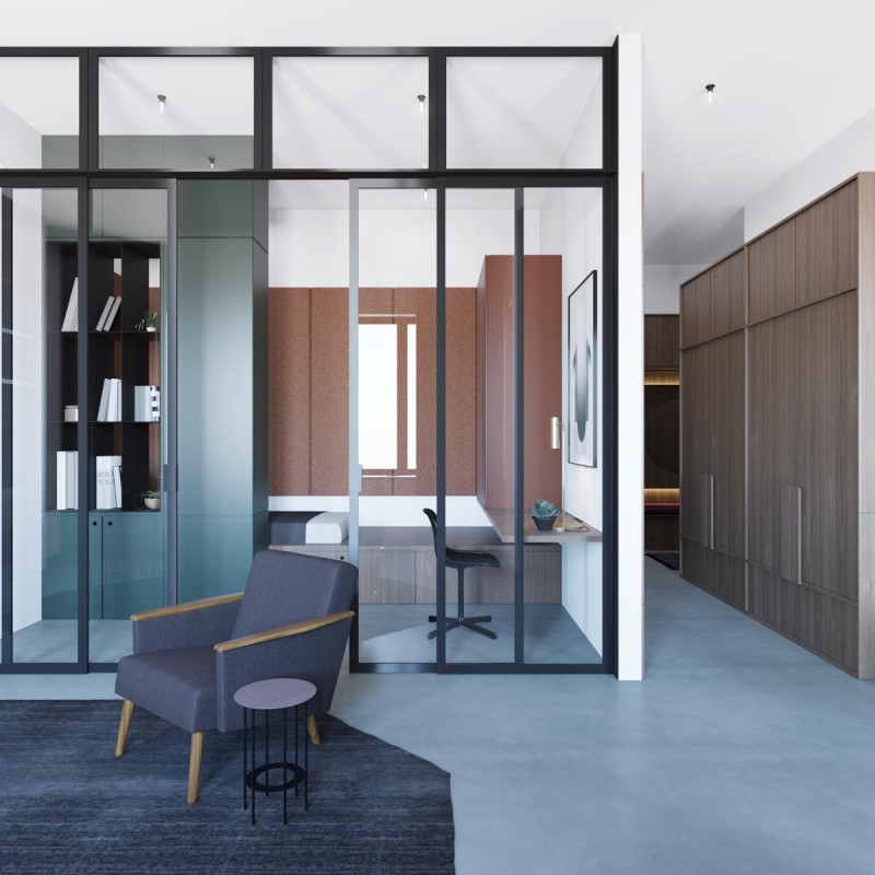 Апартаменты с открытой планировкой, оформленные в приглушенных тонах