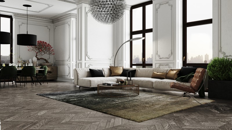 Контрастное сочетание лепнины на стенах с ультрасовременной мебелью и аксессуарами Контрастное сочетание лепнины на стенах с ультрасовременной мебелью и аксессуарами