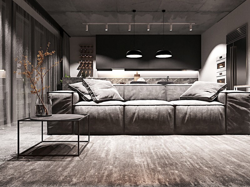 Кухня-студия в ахроматичных тонах