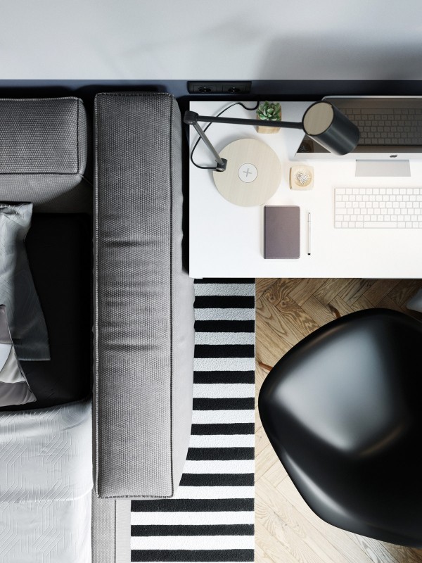 Акцент на зеленый и глубокий синий в интерьере квартиры, оформленной в спокойных серых тонах