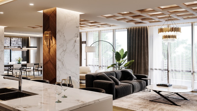 Мрамор, дерево, металл, текстиль - стильная и роскошная квартира в Детройте Мрамор, дерево, металл, текстиль - стильная и роскошная квартира в Детройте