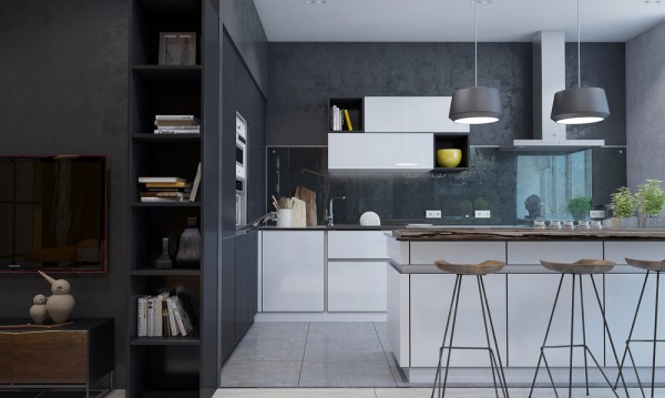 Открытая планировка апартаментов с внутренними стеклянными стенами