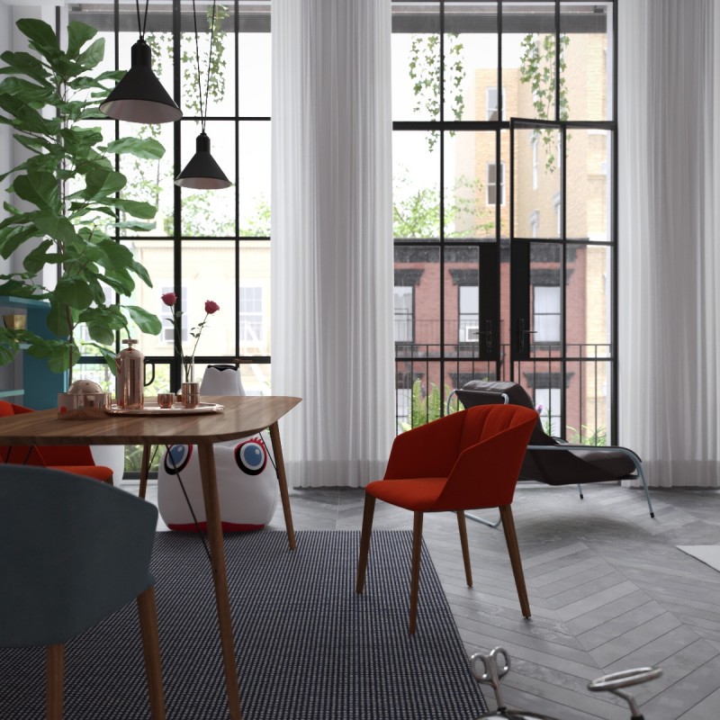 Просторный светлый лофт с яркими акцентами