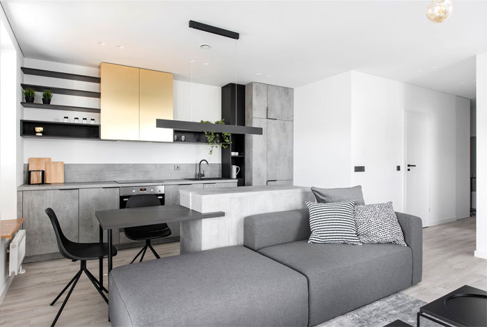 Латунный и черно-серый декор в интерьере литовской квартиры