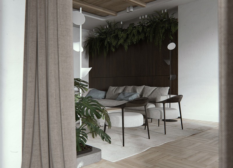 Приглушенные оттенки зеленого и богатые тона дерева в декоре современных апартаментов Приглушенные оттенки зеленого и богатые тона дерева в декоре современных апартаментов