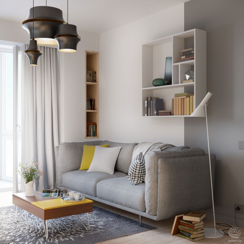 Небольшая квартира с открытой планировкой в серо-желтых тонах Небольшая квартира с открытой планировкой в серо-желтых тонах