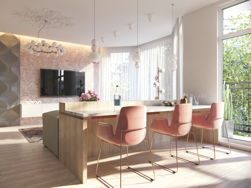 Просторная квартира для молодой девушки, оформленная в нежных тонах