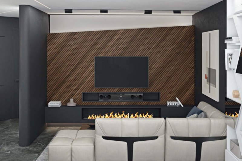 Использование черного, белого и цвета дерева в интерьере просторных минималистских апартаментов