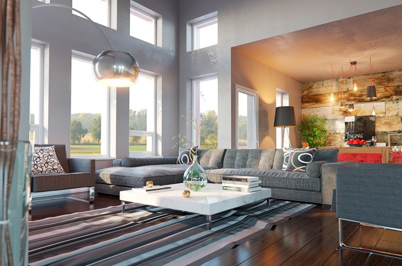 Оформление гостиной в прохладных серых тонах с акцентом на красный