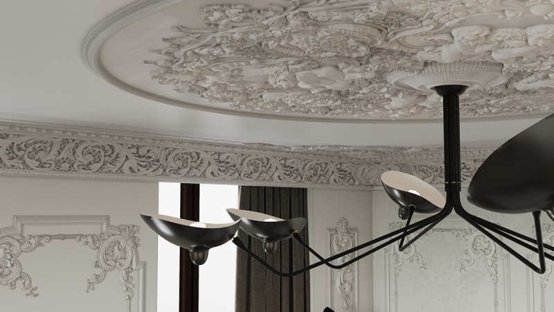Контрастное сочетание лепнины на стенах с ультрасовременной мебелью и аксессуарами Контрастное сочетание лепнины на стенах с ультрасовременной мебелью и аксессуарами