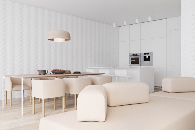 Сочетание белого, серого и кремово-бежевого цветов в интерьере двухуровневой квартиры Сочетание белого, серого и кремово-бежевого цветов в интерьере двухуровневой квартиры