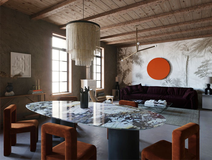 Сочетание оттенков деревенской эстетики и утонченной роскоши с игривыми штрихами азиатского стиля