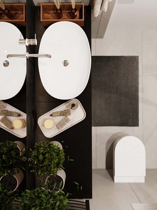 Акцент на зеленый и глубокий синий в интерьере квартиры, оформленной в спокойных серых тонах