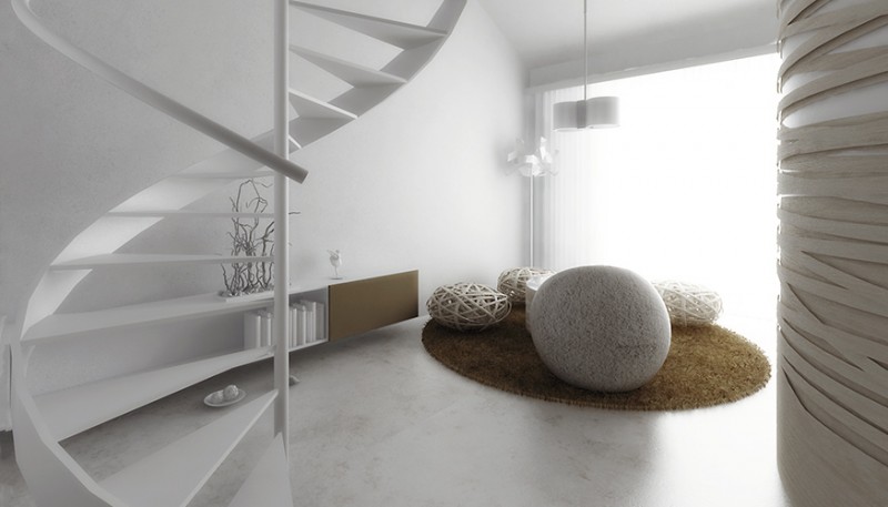 Дизайн квартиры, сформированный на основе круглых функциональных элементов и открытого пространства Дизайн квартиры, сформированный на основе круглых функциональных элементов и открытого пространства