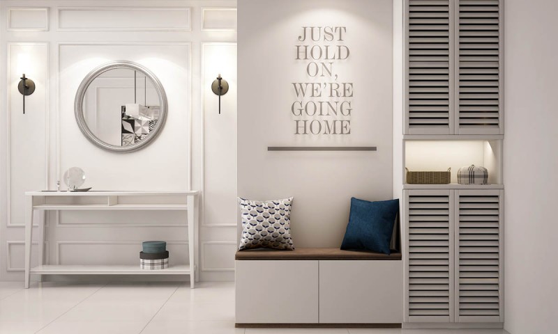 Интерьер в светлых тонах с зелеными акцентными элементами