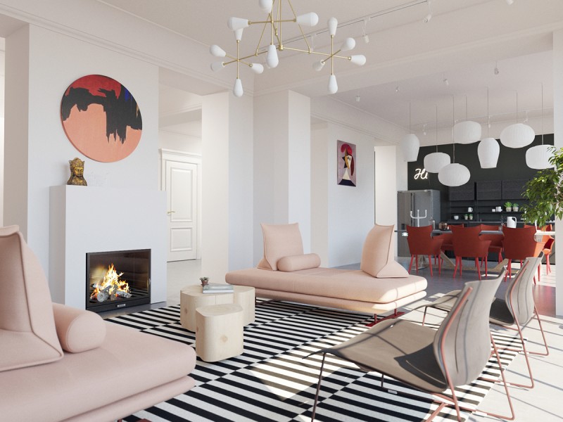 Интерьер просторной светлой квартиры с яркими акцентами